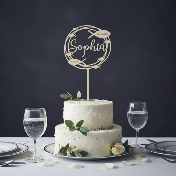 Runder Caketopper aus Birkenholz mit personalisiertem Namen, Anlass und Datum